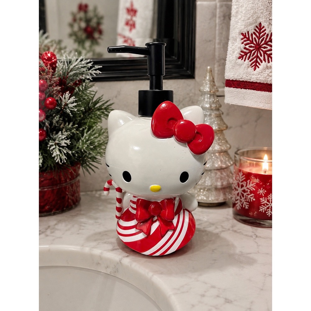 Hello Kitty Candy Cane Dress Ceramic Soap Lotion Pump Christmas Holiday NEW
